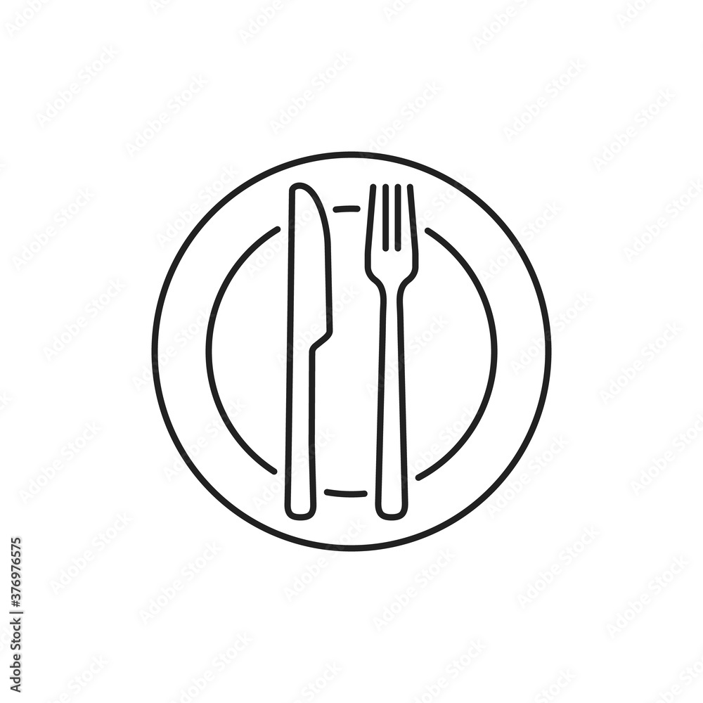 Fork knife and plate icon. Line dinner cutlery vector logo for restaurant symbol isolated on white background. Food cooking and eat simple symbol illustration for design background V1 Fork knife and plate icon. Line dinner cutlery vector logo for restaurant symbol isolated on white background. Food cooking and eat simple symbol illustration for design background V1