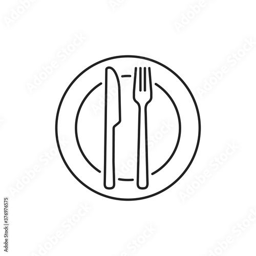 Fork knife and plate icon. Line dinner cutlery vector logo for restaurant symbol isolated on white background. Food cooking and eat simple symbol illustration for design background V1