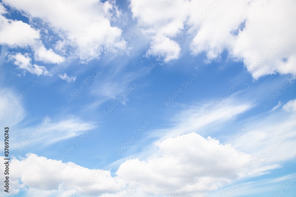Scenic sky background. Blue sky with fluffy white clouds. Copy space