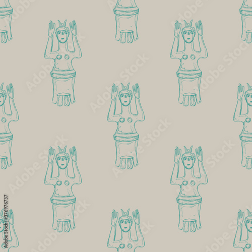 Seamless monochrome pattern with figurines of Minoan goddess. Hand drawn rough doodle sketches.