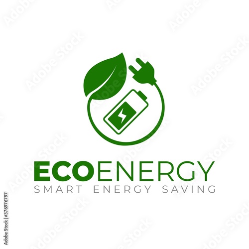 Eco energy logo template. Smart energy logotype. Battery with green leaf and power plug.