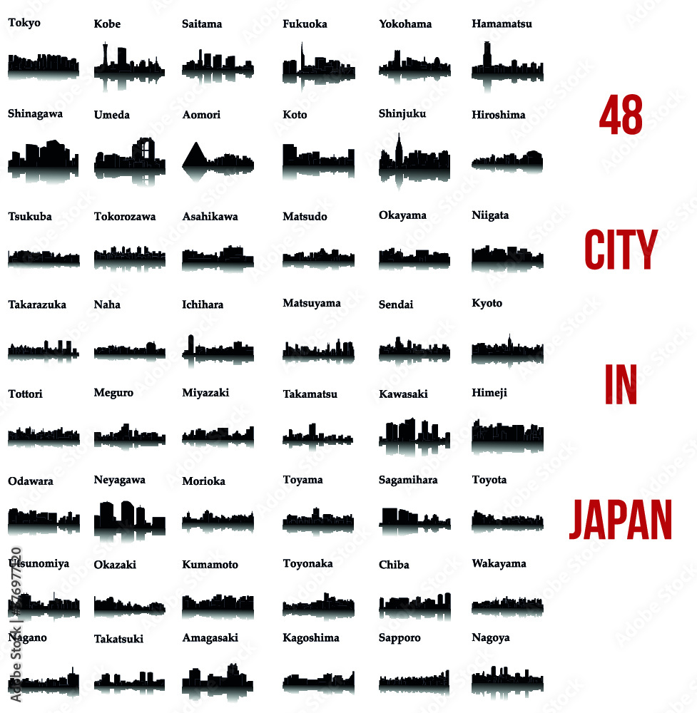 Set of 48 City silhouette in Japan ( Tokyo, Hiroshima, Hamamatsu, Fukuoka, Okazaki, Toyota, Kawasaki, Kyoto, Umeda, Kumamoto, Meguro, Koto, Aomori, Shinjuku, Himeji, Odawara)