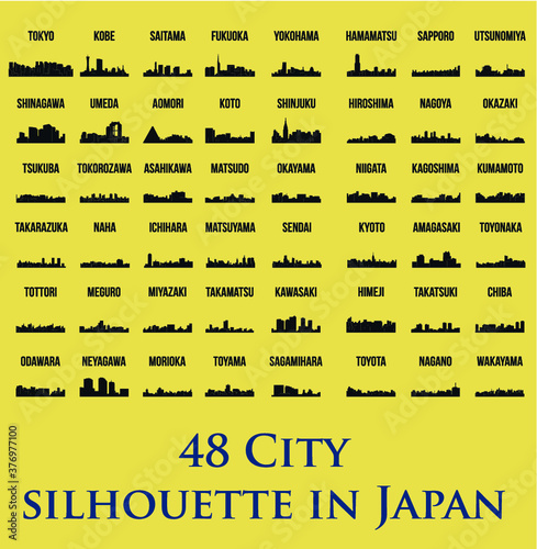 Set of 48 City silhouette in Japan ( Tokyo, Hiroshima, Hamamatsu, Fukuoka, Okazaki, Toyota, Kawasaki, Kyoto, Umeda, Kumamoto, Meguro, Koto, Aomori, Shinjuku, Himeji, Odawara) photo