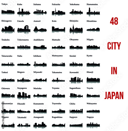 Set of 48 City silhouette in Japan ( Tokyo, Hiroshima, Hamamatsu, Fukuoka, Okazaki, Toyota, Kawasaki, Kyoto, Umeda, Kumamoto, Meguro, Koto, Aomori, Shinjuku, Himeji, Odawara) photo