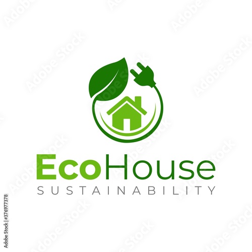 Eco House logo template. Green house vector design. Sustainable house logo. Recycled house logo. Leaf shape with electric plug. Green energy.