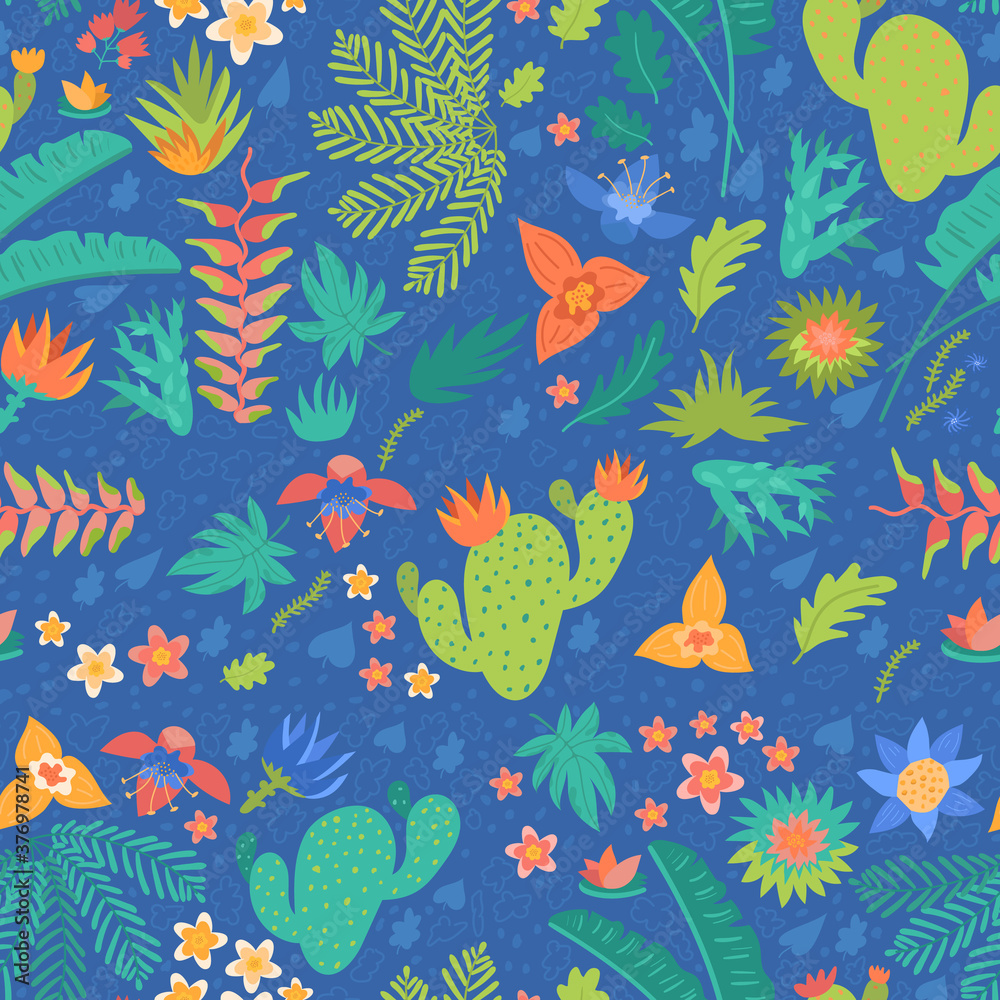 botanical seamless pattern on blue