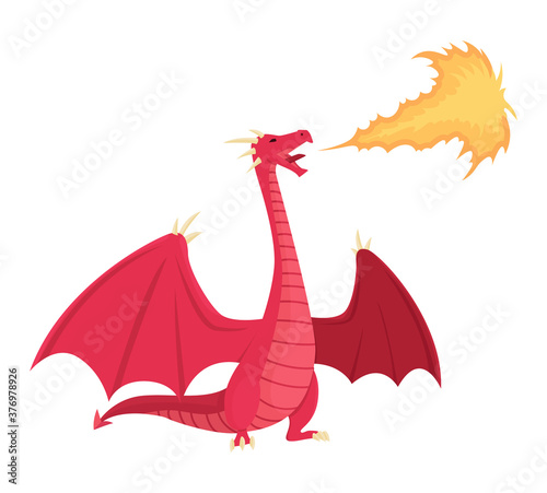 Medieval kingdom character of middle ages historic period vector Illustration. Red dragon spitting fire, mythical fire breathing animal