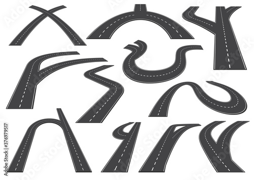 Bending roads, high ways or roadways. Collection of winding road design elements with white markings. Asphalt road curves, turns, bankings and perspectives. Set of curved and straight city roads