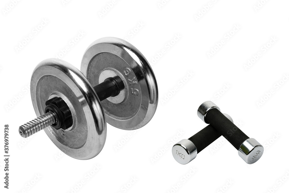 big and small dumbbells, isolate on white background, healthy lifestyle big and small dumbbells, isolate on white background, healthy lifestyle