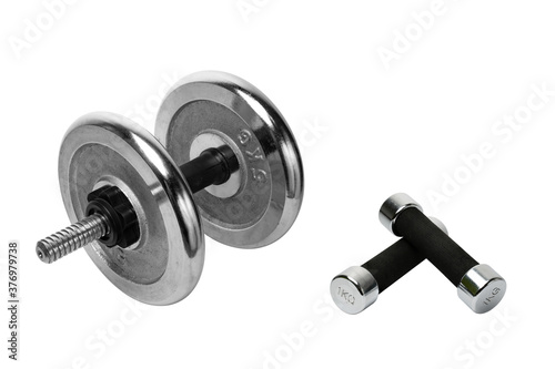 big and small dumbbells, isolate on white background, healthy lifestyle