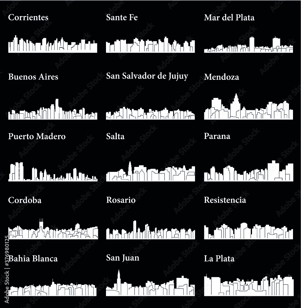 Set of 15 City silhouette in Argentina ( Corrientes, Santa Fe, Mar del Plata, Buenos Aires, Salta, Rosario, Resistencia, Bahia Blanca, San Juan, La Plata, Cordoba, Parana, Puerto Madero, Mendoza ) 