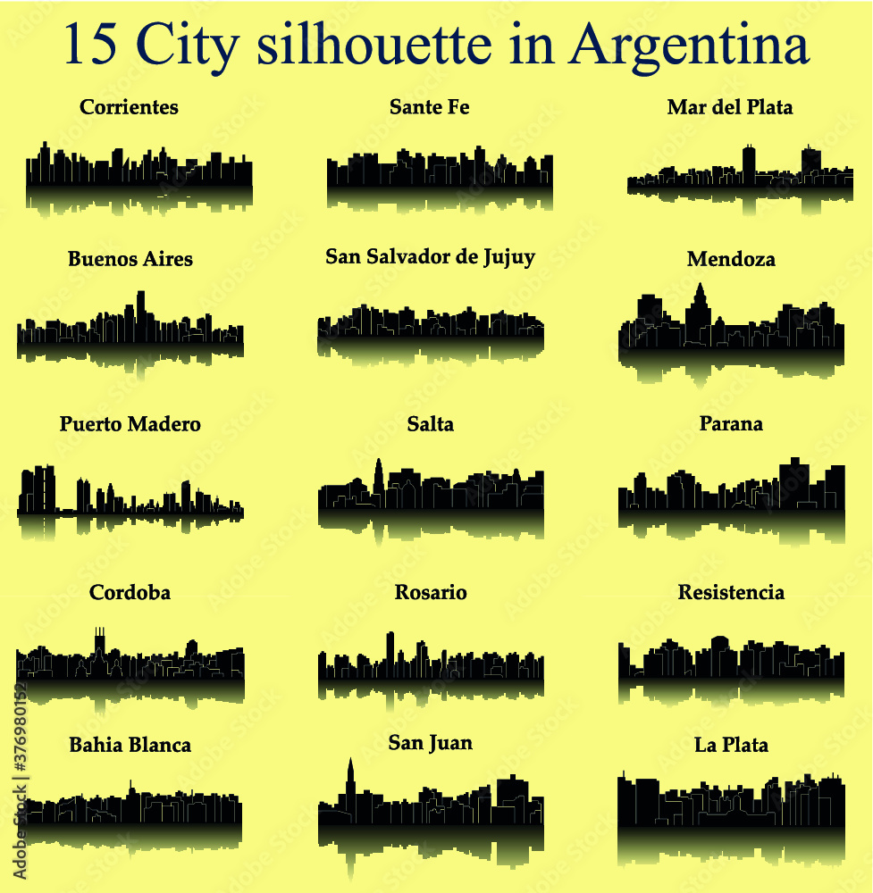 Set of 15 City silhouette in Argentina ( Corrientes, Santa Fe, Mar del Plata, Buenos Aires, Salta, Rosario, Resistencia, Bahia Blanca, San Juan, La Plata, Cordoba, Parana, Puerto Madero, Mendoza ) 