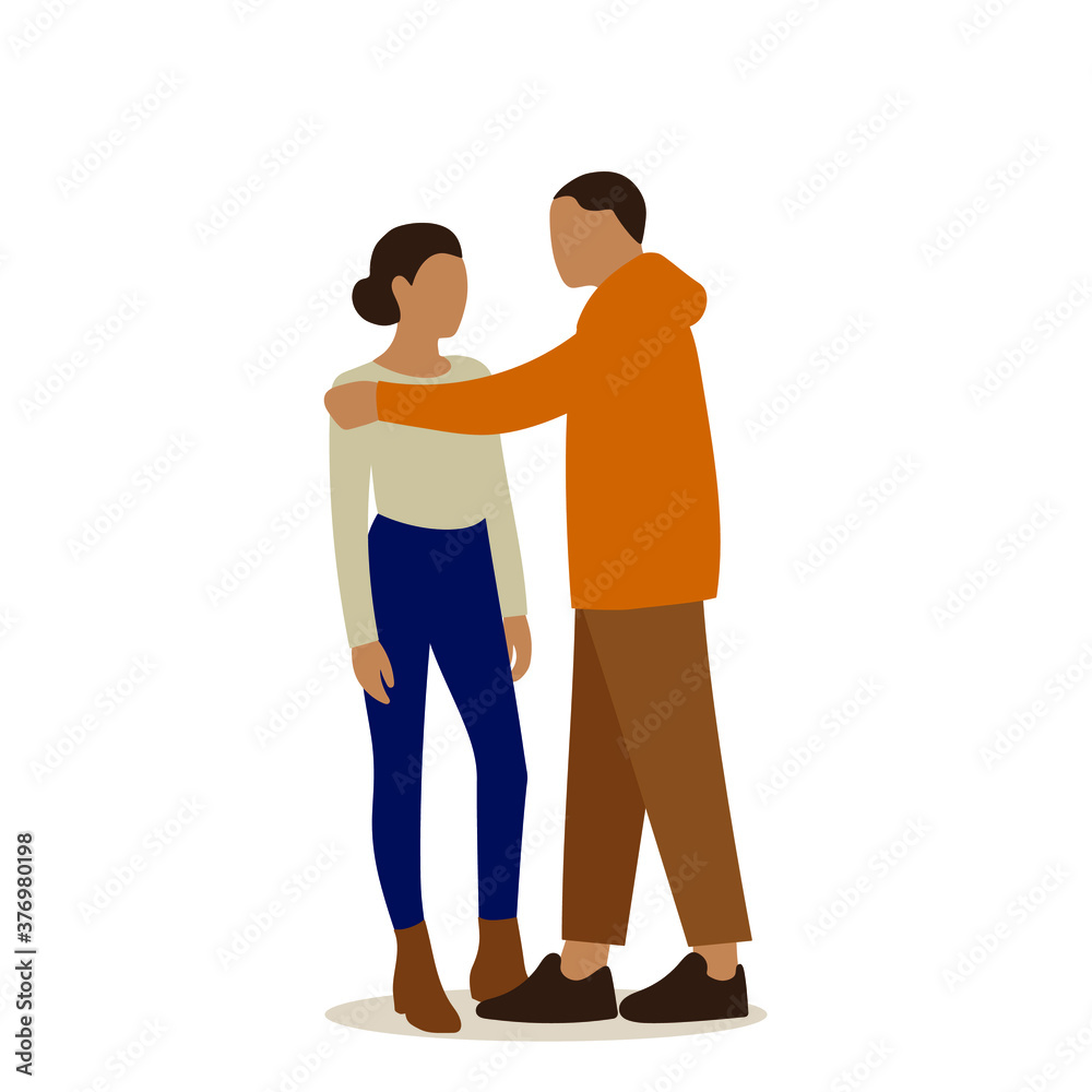 Male character touches the shoulder of a female character
Male character touches the shoulder of a female character