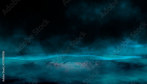 Night scene with reflection of neon light in the water. Liquid, puddles, flooding. Rays and lines in neon. Modern abstraction landscape, night view. 3D illustration © MiaStendal