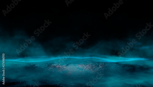 Night scene with reflection of neon light in the water. Liquid, puddles, flooding. Rays and lines in neon. Modern abstraction landscape, night view. 3D illustration © MiaStendal