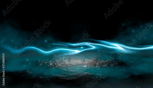 Night scene with reflection of neon light in the water. Liquid  puddles  flooding. Rays and lines in neon. Modern abstraction landscape  night view. 3D illustration