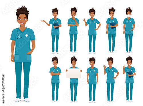 Female african woman nurse character set in different poses isolated vector illustartion