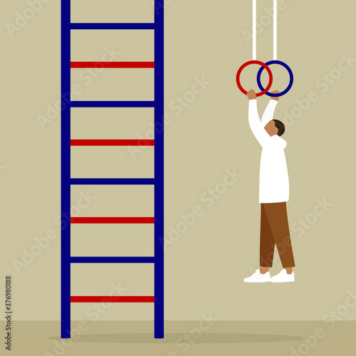 Male character hanging on gymnastic rings near the stairs