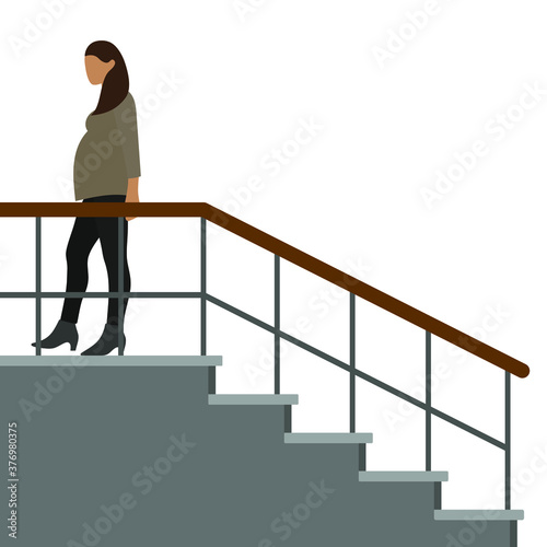 Pregnant woman character is going up the stairs