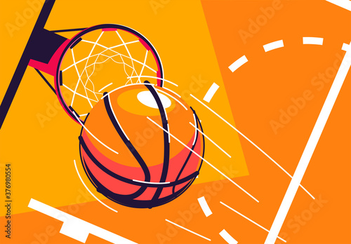 Vector illustration of a basketball flying into a basketball Hoop, top view, with a piece of marking of the baskotball court © Leonid