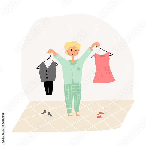 Kid choose what to wear,dress and sandals or boyish suit and sneakers. Gender neutrality, identification concept.