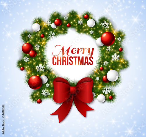 Christmas wreath with red and white baubles. Vector illustration. Big red bow. Green fresh pine Christmas tree.