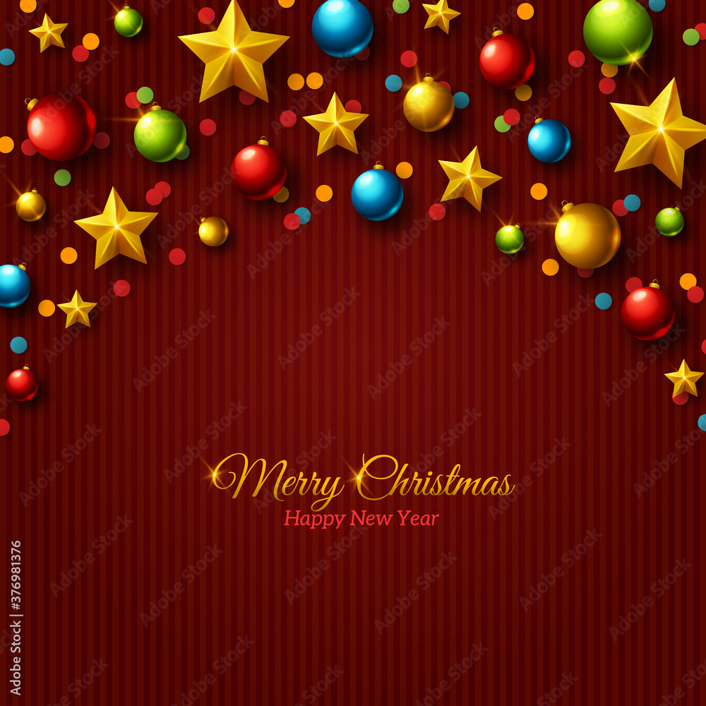 Christmas colorful balls and golden stars on purple striped background. Vector illustration. Merry Christmas and Happy New Year text. Holiday border. Great for greeting cards and invitations.