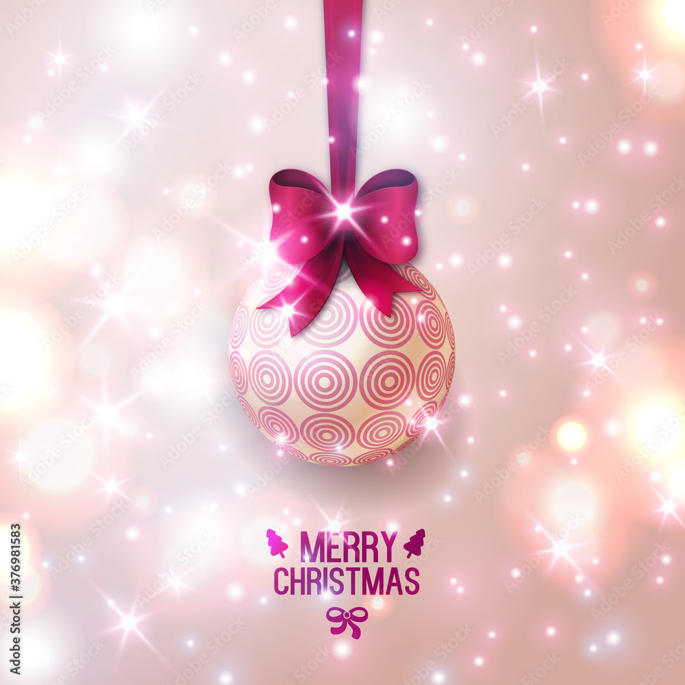 Beige Christmas bauble on light background. Vector illustration. Christmas ball with purple bow. Sparkles. Place for your text message. Fashionable New year backdrop.