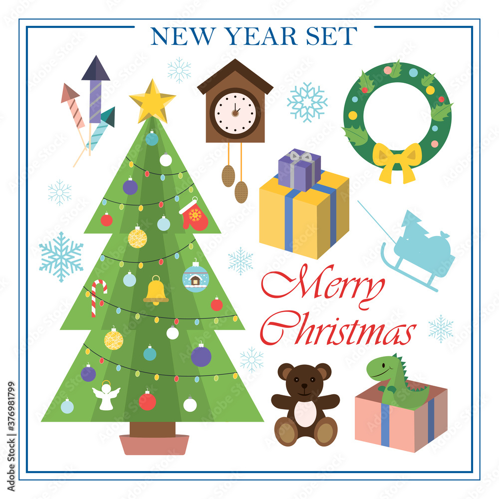 Naklejka premium A set of flat illustrations for new year and Christmas. Vector set of isolated images Christmas tree, Christmas wreath on the door, Packed gifts under the tree, clock, firecrackers. Bright objects for