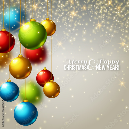 Christmas background with colorful baubles. Vector illustration. Lights, sparkles. Design for invitations or announcements. Season greetings.