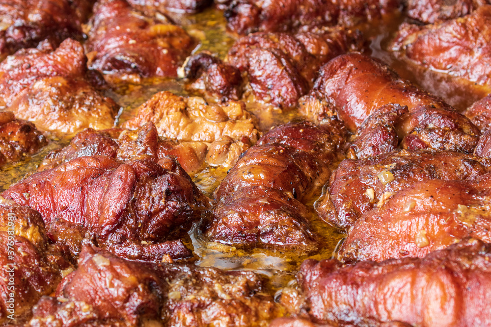 Healthy street food to go - meat. Delicious food cooked over an open fire, which is offered at a street food fair, event, festival.