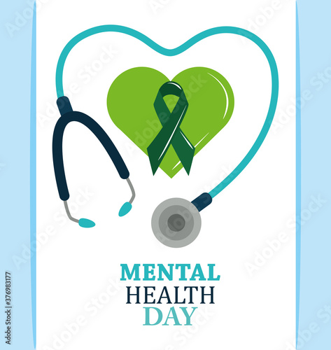 mental health day, ribbon in green heart stethoscope, psychology medical treatment