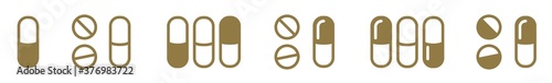 Pill Icon Gold | Pills Illustration | Medicine Symbol | Pharmacy Capsule Logo | Medication Sign | Isolated | Variations