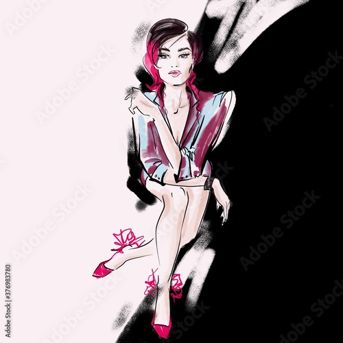 stylish fashion illustration of a girl in a sitting pose on a black and white background for decoration 