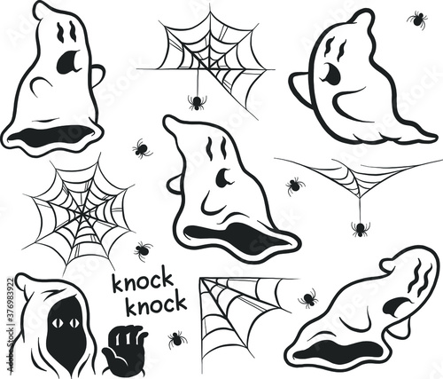 Vector set of halloween clipart.  Illustration for seasonal design, textile, decoration kids playroom or greeting card. Isolated sketch object. Flat vector illustration