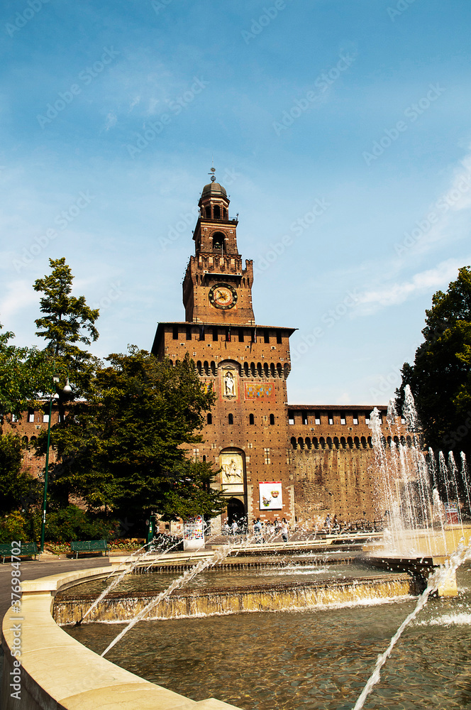 The Exterior of the magnificent Sforza Castle in Milan Italy. In 1450 Milan was conquered by Francesco Sforza, who made Milan one of the leading cities of the Italian Renaissance