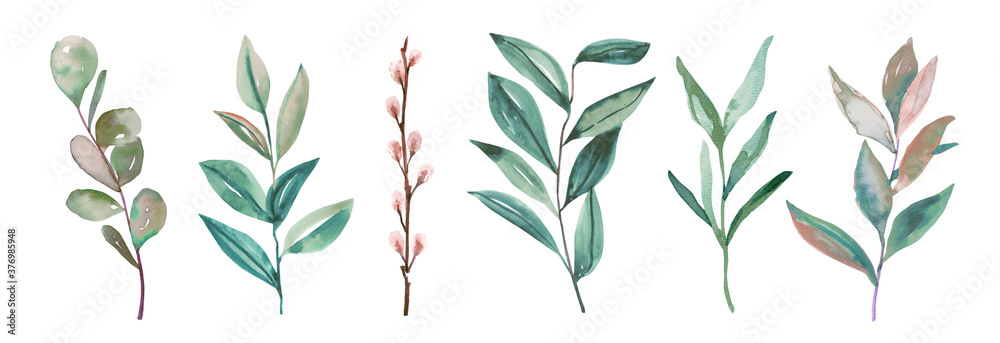 Naklejka premium Watercolor hand painted botanical autumn leaves and branches illustration isolated on white background