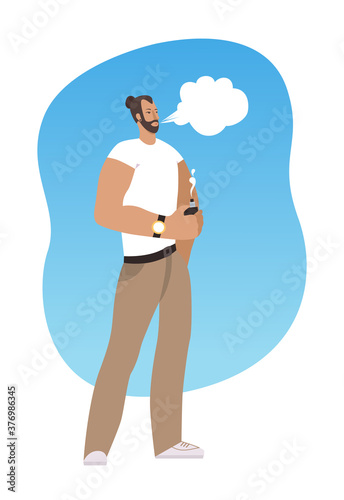 Caucasian man vaping in the street. Man with beard vaping outdoor. Vector illustration on white background.