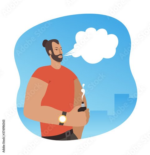 Caucasian man vaping in the street. Man with beard vaping outdoor. Vector illustration on white background.