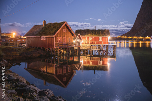 palatial houses typical of the lofoten islands at night