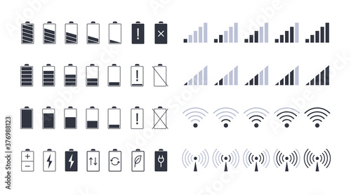 Battery and wifi signal icons. Editable stroke. Smartphone charge and battery coverage level vector icons. Black elements of the power scale of electronic device and mobile internet