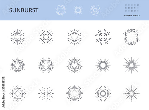 Sunburst icons. Vector symbols sun with rays. Editable stroke. Circular logo with radial lines. Sunrise, starburst abstract design elements. Shining lines on the horizon