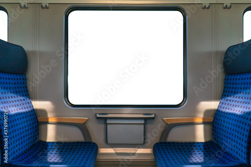 Isolated white window backgrounds on clean hygiene empty seat on europe Germany public transportation train subway bus with sunlight for traveler to travel during vacation with custom view
