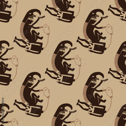 Seamless repeating pattern with Native American tribal motifs from Mimbres pottery. Decapitation of a captive. Scene of ritual sacrifice. 