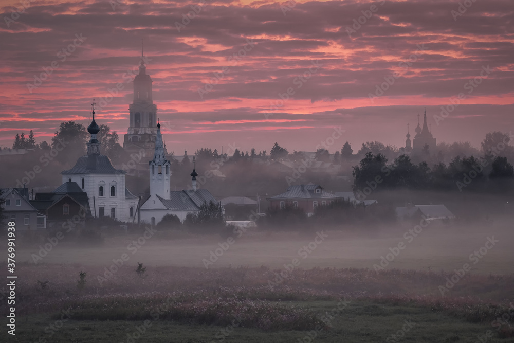 Suzdal town. View from Ilyinsky Church through Ilyinsky meadow at dawn. 