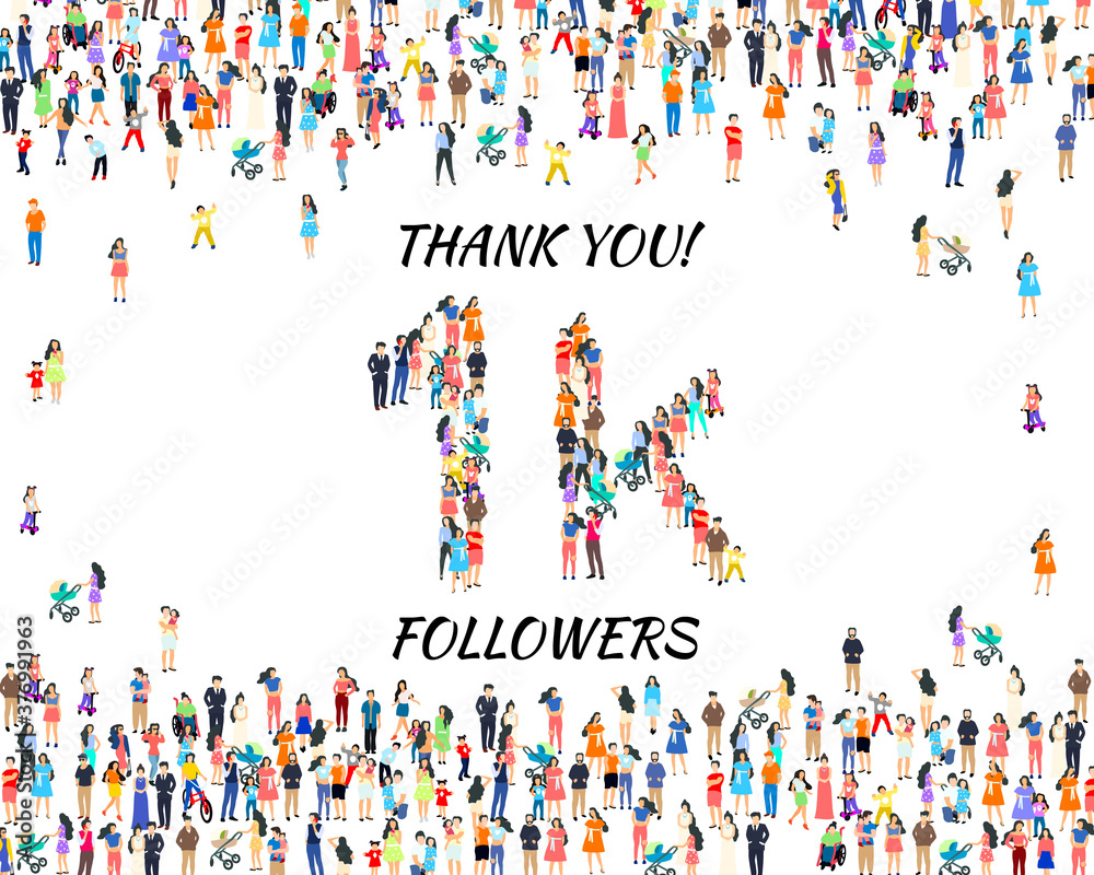 Thank you followers peoples, 1k online social group, happy banner celebrate, Vector