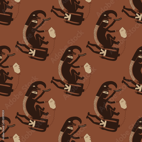 Seamless monochrome pattern with Native American tribal motifs from Mimbres pottery. Decapitation of a captive. Scene of ritual sacrifice. 