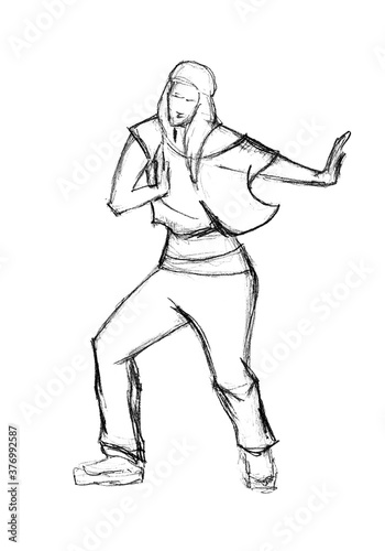 A rough  linear pencil sketch. A girl in clothes dancing a modern dance. Raster illustration.
