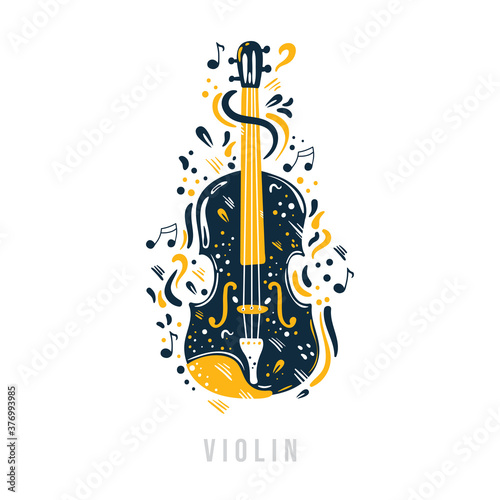 Hand drawn violin with notes, ribbons and dots around it.  Creative design of string musical instrument.  Can be used for poster, t-shirt, music festival banner, cover, logo