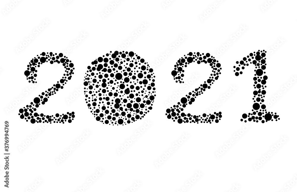 Happy new year 2021 template. The numbers are drawn in black using circles and dots. Design for banner, greeting card, brochure or print. Drawing isolated on white background Happy new year 2021 template. The numbers are drawn in black using circles and dots. Design for banner, greeting card, brochure or print. Drawing isolated on white background